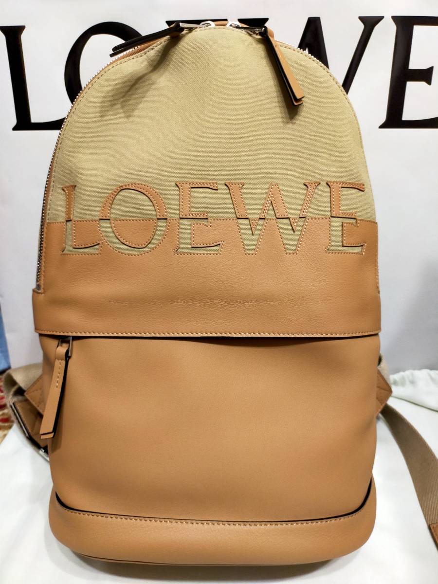 未使用 ロエベ LOEWE ロゴ リュック バックパック レザー ファブリック ベージュ系 拍卖