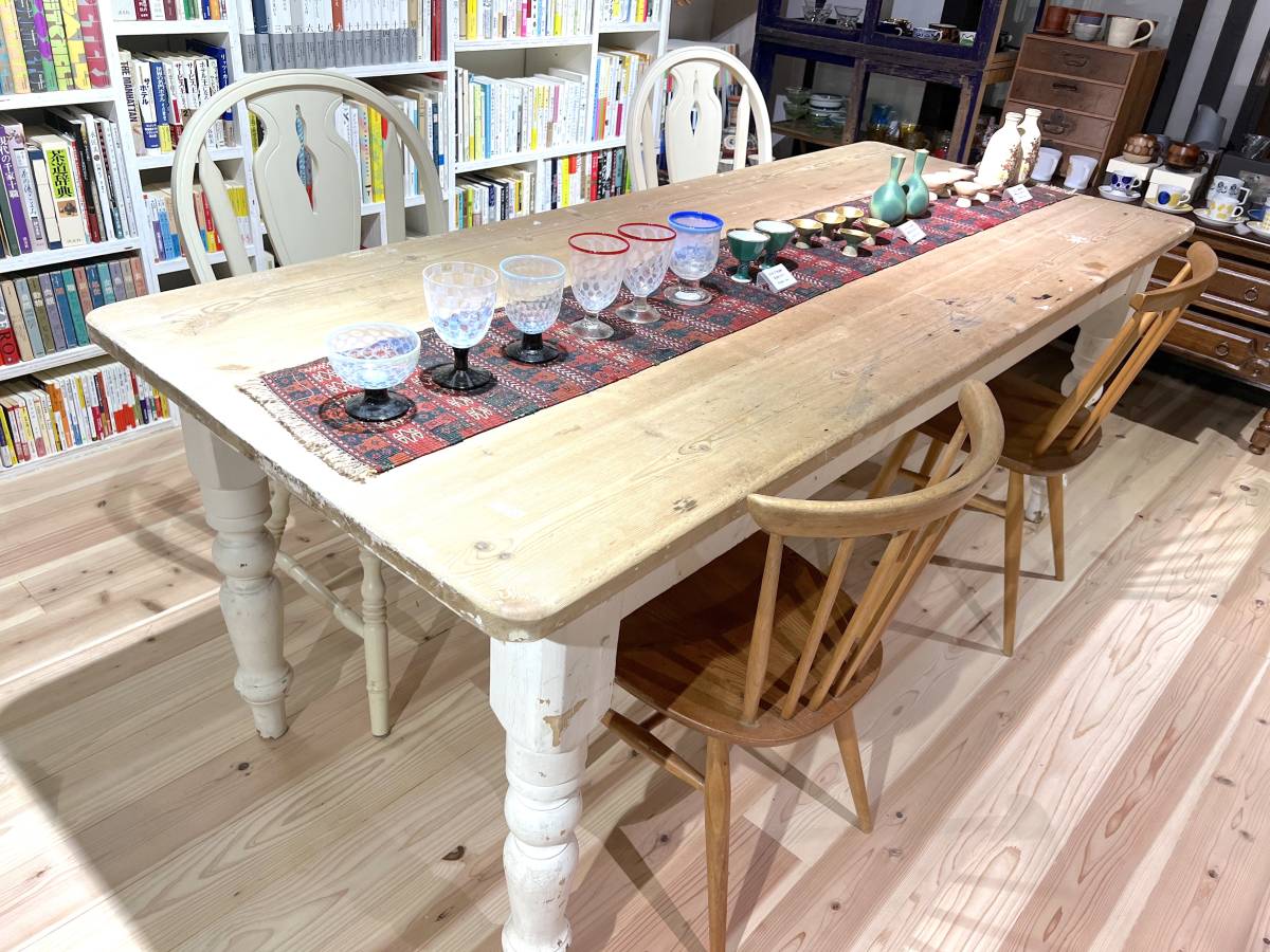 【ビンテージ】フレンチビッグテーブル 幅約200cm 木+ホワイト 収納箱あり拍卖
