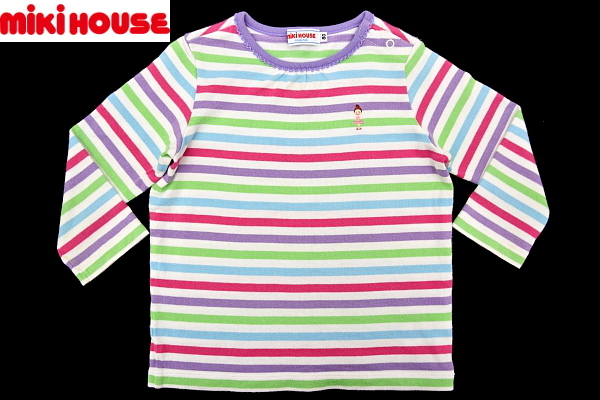 S3895★送料無料★miki HOUSE ORIGINAL ミキハウス★日本製 ボーダー柄 マルチカラー 左胸刺繍入り 長袖 ロンT 80拍卖
