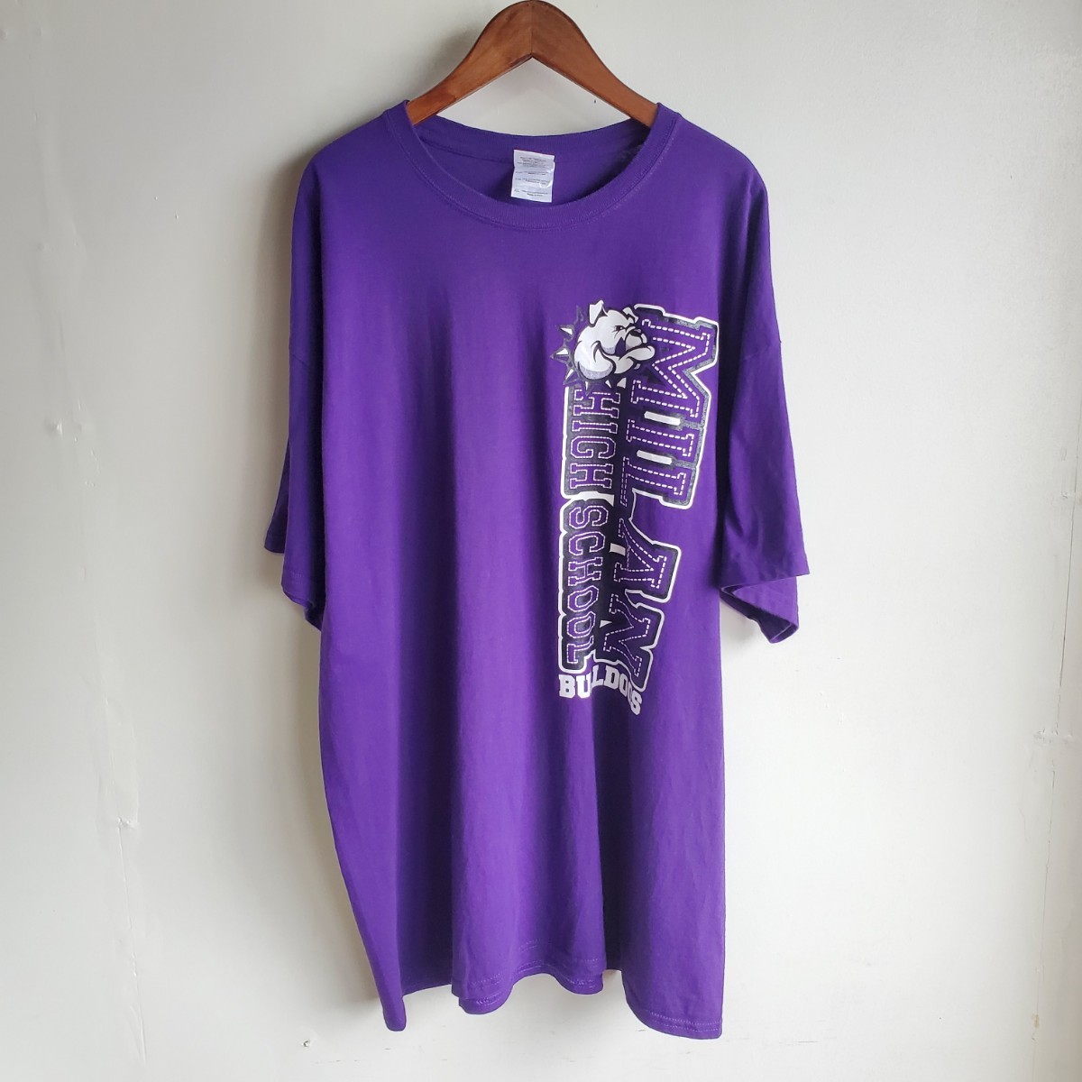 A22◆GILDAN ブルドッグ 半袖Tシャツ sizeXL 紫 MILAN HIGH SCHOOL BULLDOGS 古着 USED 中古 ビッグサイズ オーバーサイズ拍卖