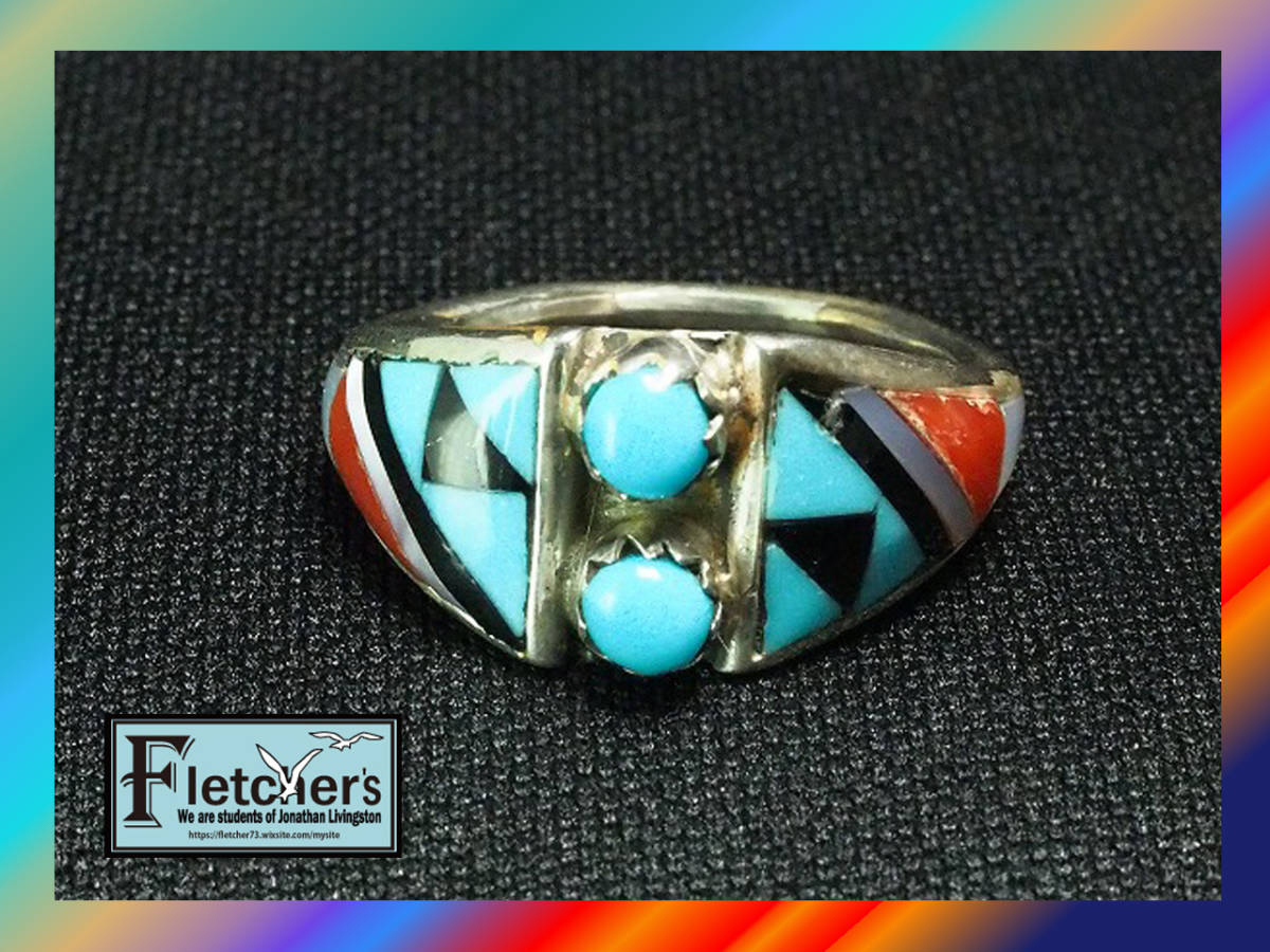 西海岸スタイル インディアンジュエリー ナバホ族作家 マルチストーン(ターコイズ MOP ジェット コーラル) シルバーリング 約11号 e37拍卖