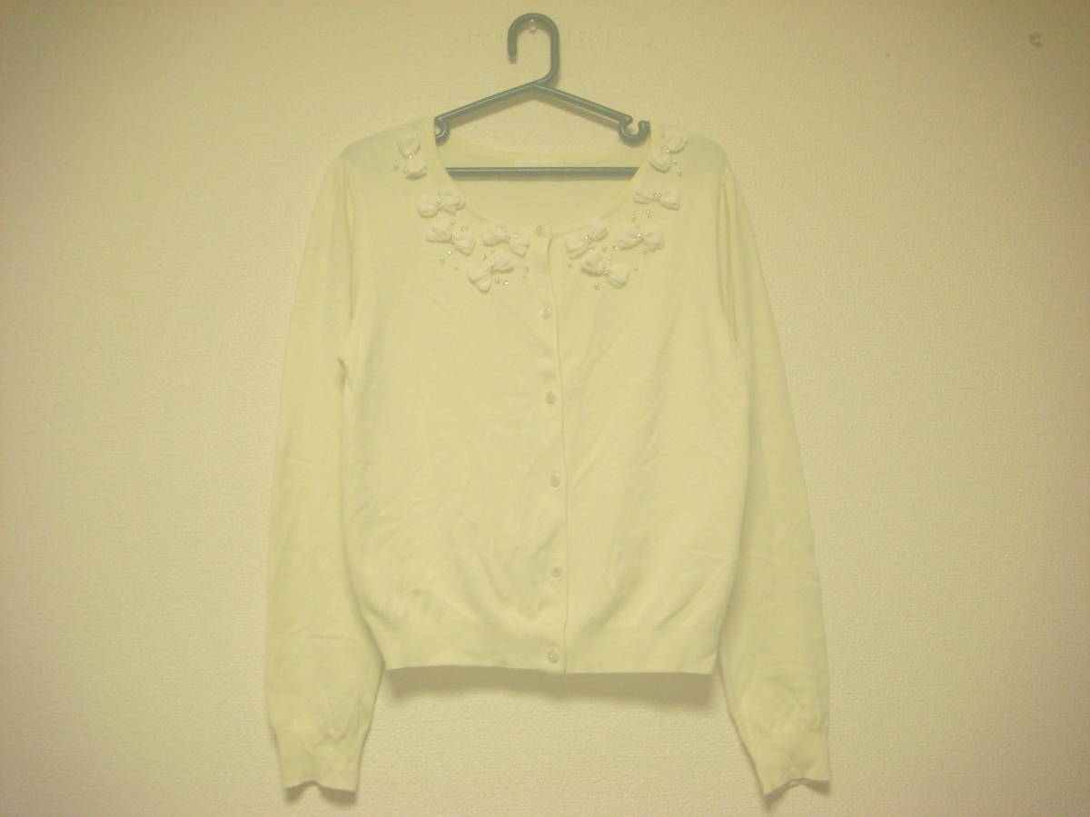 ロディスポット リボン ビジュー カーディガン クリームイエロー系 美品拍卖