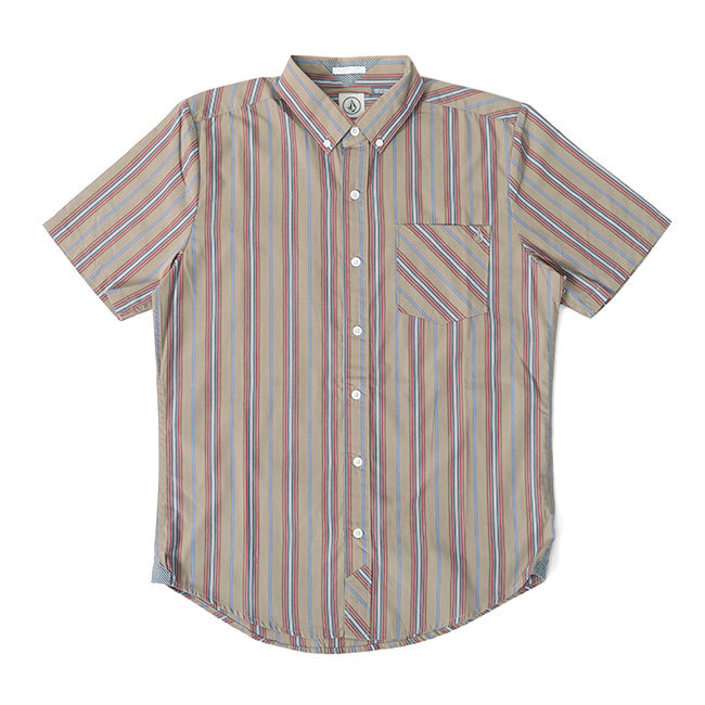 VOLCOM ボルコム ボタンダウン ストライプシャツ A0411412 S カーキ 半袖シャツ メンズ拍卖