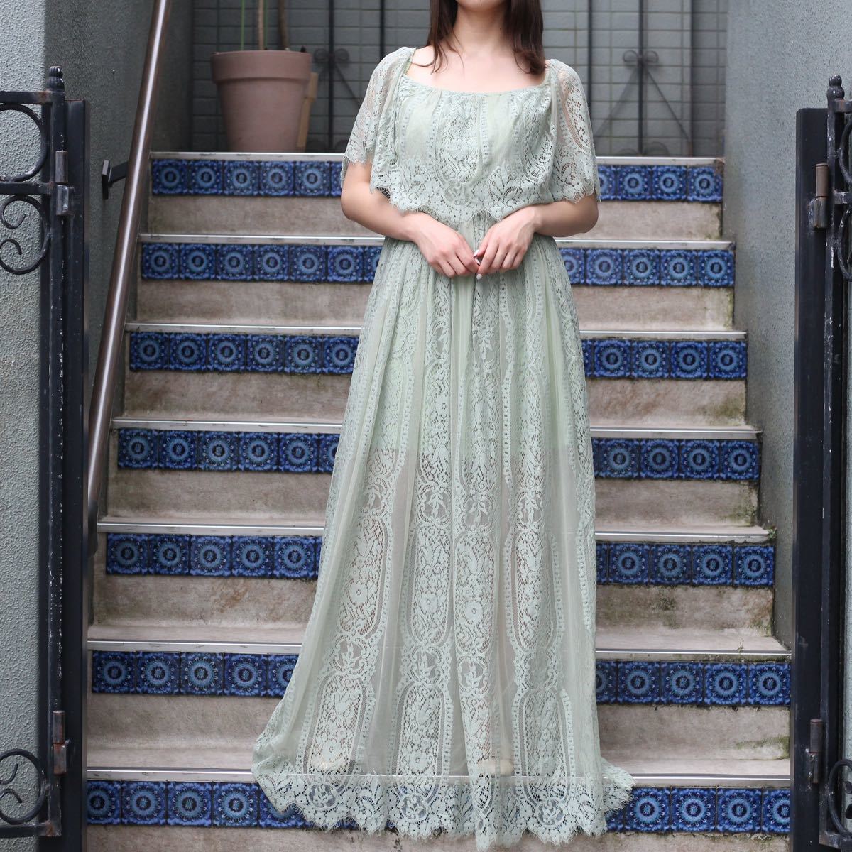 EU VINTAGE LACE DESIGN OFF SHOULDER LONG DRESS ONE PIECE/ヨーロッパ古着レースデザインオフショルダーロングドレスワンピース拍卖