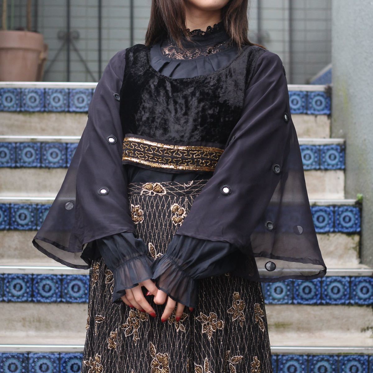 *SPECIAL ITEM* 60's~70's USA VINTAGE 60年代~70年代アメリカ古着シースルーミラーワークベロアデザインセットアップ拍卖