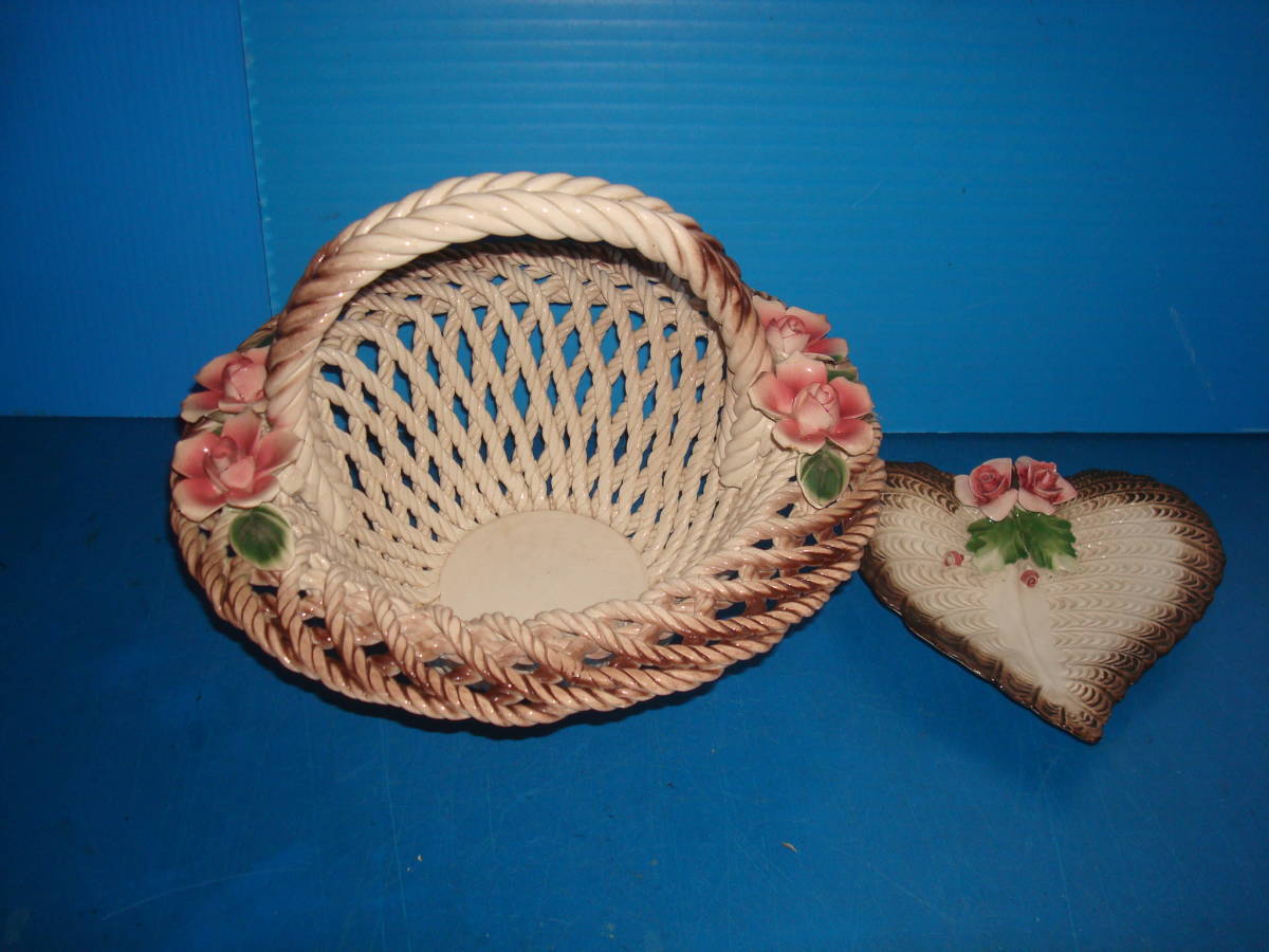 花柄陶器網かごと花柄陶器皿 2点 TKS2拍卖