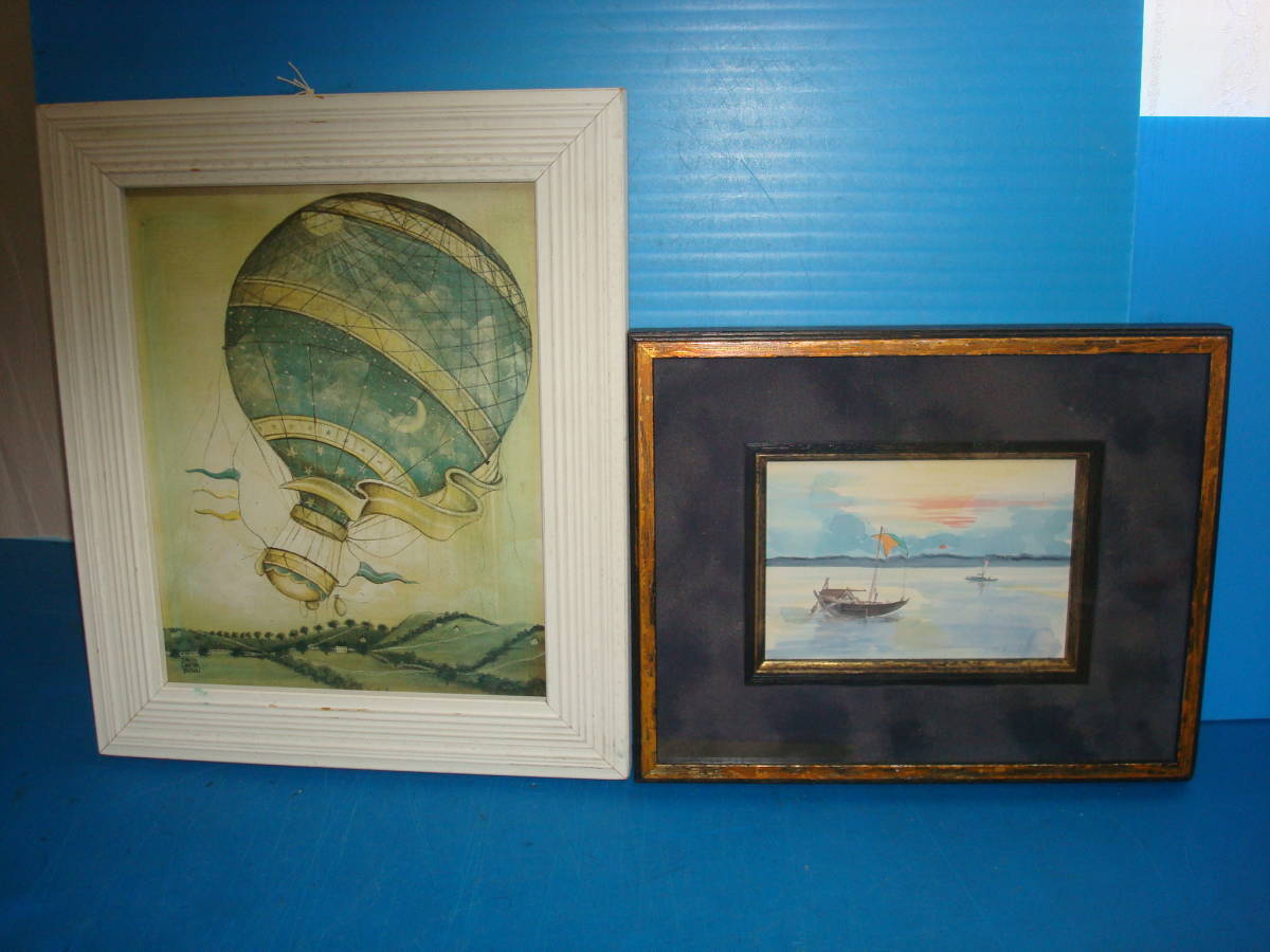 レトロ風「気球画」と「朝のメコン川」2点(印刷画) PI18拍卖