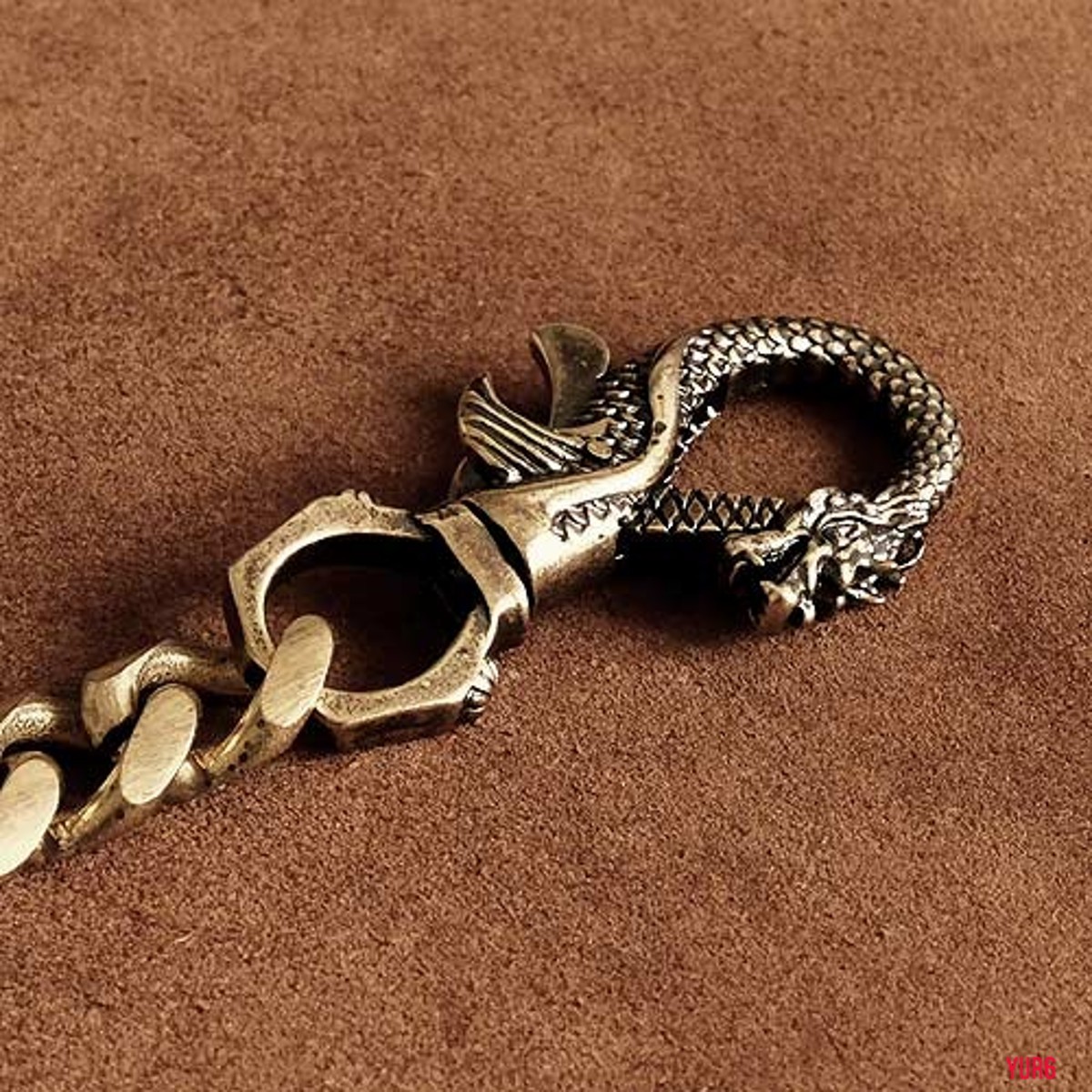 龍のカラビナがお洒落 真鍮製 アンティーク感 ウォレットチェーン ブラス ショート 財布の鎖 HR HM パンク ロック バイク ツーリング拍卖