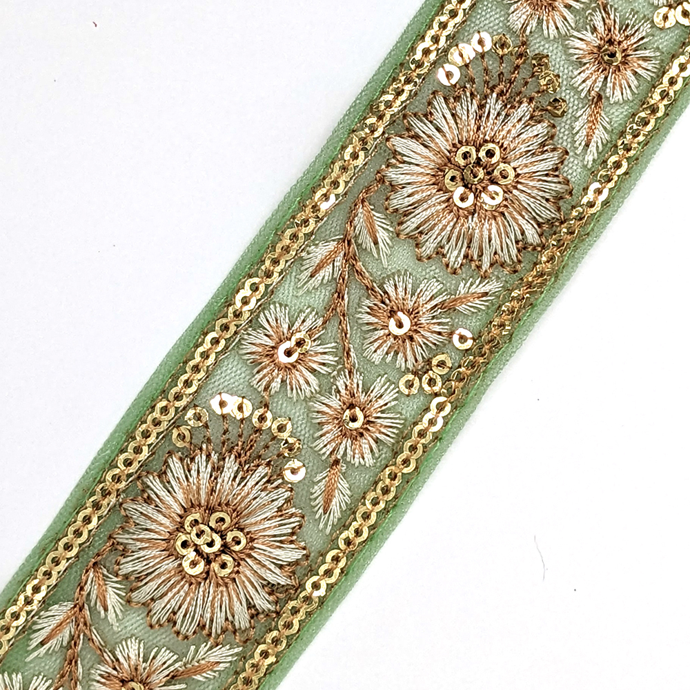 インド刺繍リボン 約39mm メッシュグリーン MS003拍卖