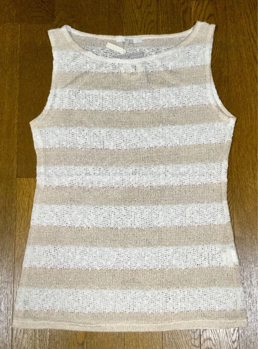 新品「CRACKERS」ボーダー柄 ノースリーブ ニットソー White×Sand SIZE:XL ペルー製 ラメ糸使用拍卖