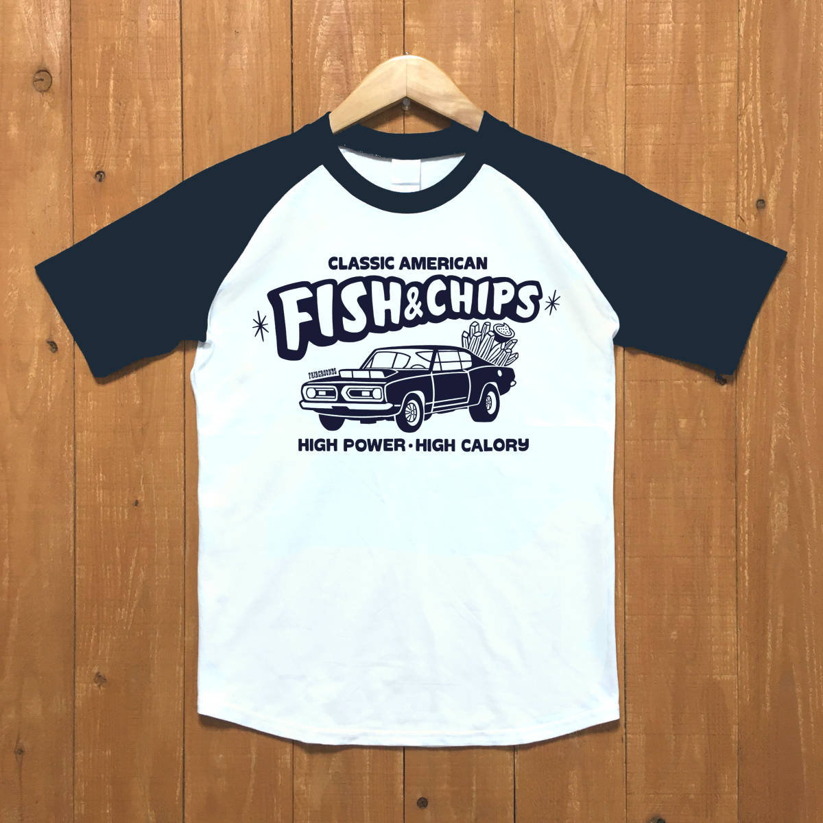 ■ FISH&CHIPS ラグランTシャツ■Mサイズ(ネイビーxネイビー)アメリカ アメ車 モパ- MOPAR PLYMOUTH BARRACUDA ハンバーガー ポテト拍卖