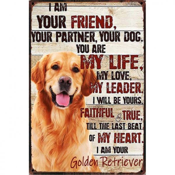 A2101 メタル サイン 金属 製 ブリキ 看板 プレート アート パネル 店 注意 動物 ペット 犬 ゴールデン レトリバー【4983】拍卖