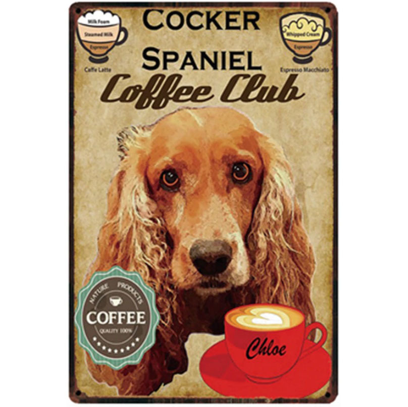 A1845 メタル サイン ブリキ 看板 金属製 プレート アートパネル カフェ コーヒー 動物 ペット 犬 コッカースパニエル 201拍卖