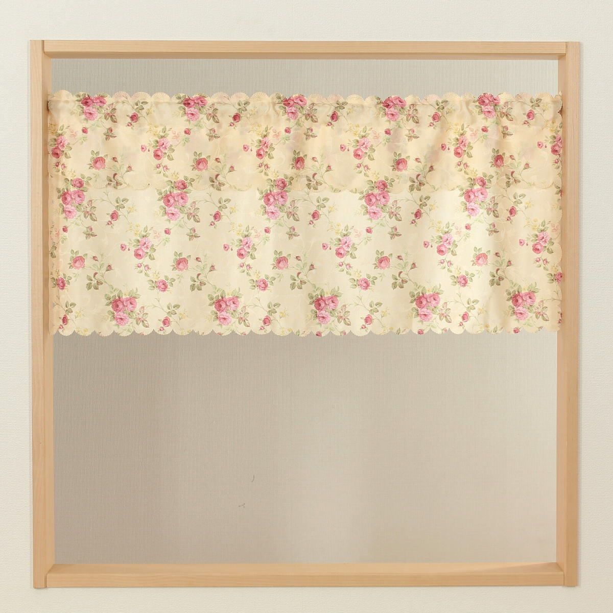 ガーデンローズカフェカーテン幅100×丈45cmベージュアイボリー ジャガードプリント上部フリル付naru-14540拍卖