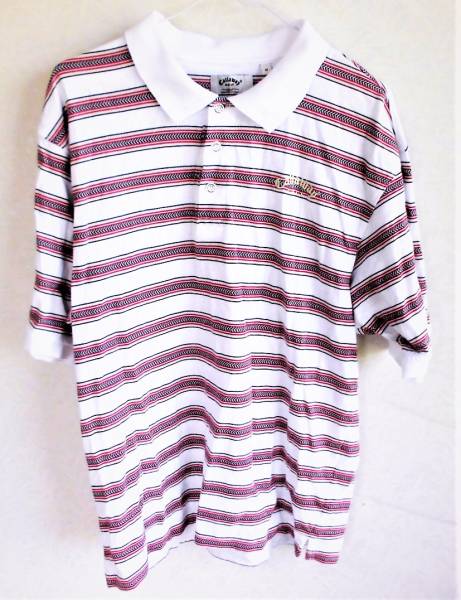 即決、Callaway GOLFキャロウェイ ゴルフ ロゴ刺繍入り コットン ストレッチ 半袖ポロシャツ/メンズLホワイトボーダー柄/美品拍卖
