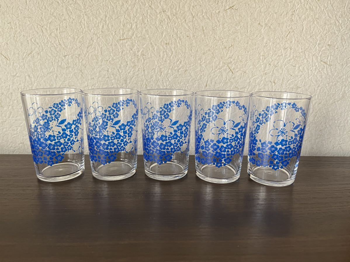 グラス 5個 昭和レトロ 花柄 ハイビスカス 桜 ブルー 希少 当時物 アンティーク 昭和食器 レトログラス 古物拍卖