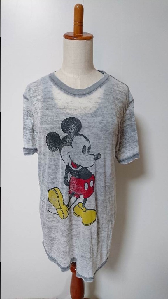 ☆ DISNEY ミッキー キャラクター プリント シースルー Tシャツ グレー レディース【S】古着 ◆8752◆拍卖