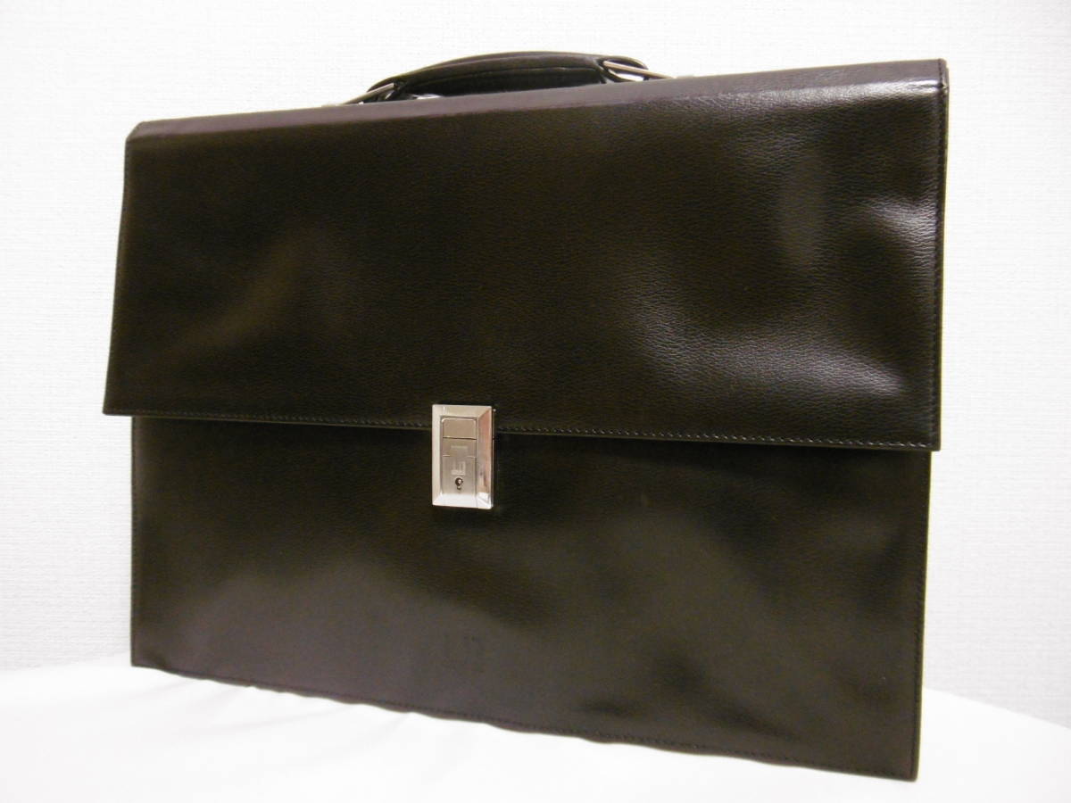 dunhill ダンヒル レザーブリーフケース FRANCE製 フランス製 ダークブラウン×シルバー 濃茶色 ビジネスバッグ 書類カバン拍卖