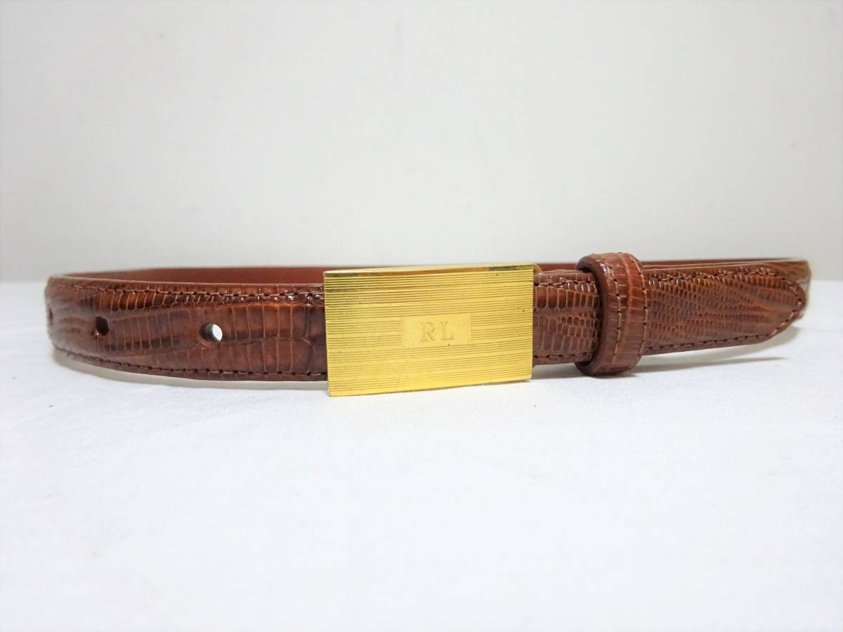 RALPH LAUREN ラルフローレン リザードベルト レザーベルト レディース 28 USA製 アメリカ製 ブラウン×ゴールド 拍卖