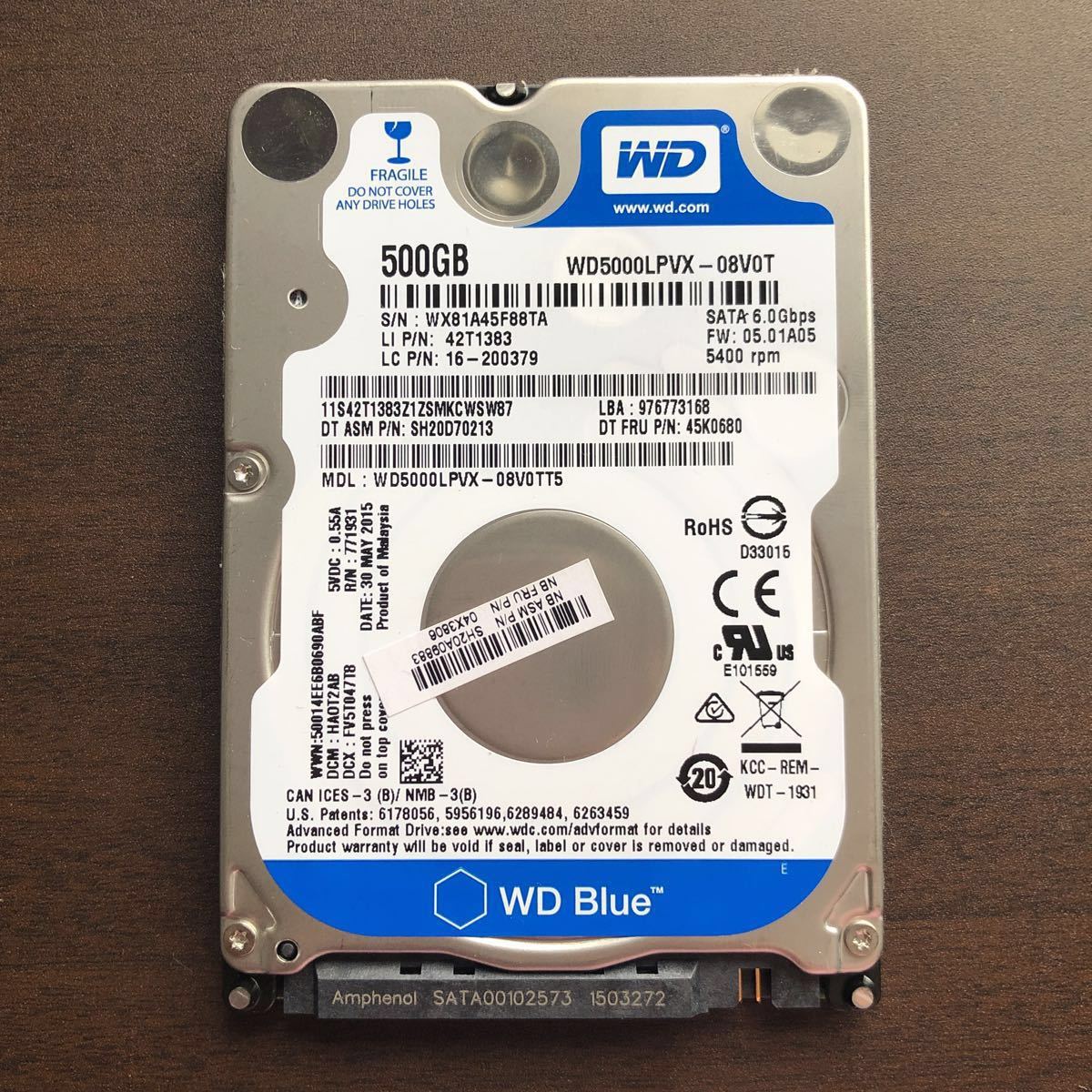 ★動作確認済★2.5インチ WD5000LPVX 7mm 500GB SATA HDD WD Blue 中古品拍卖