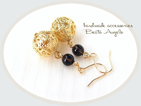 ◆+angelo+透かし玉とスモーキークォーツのピアス(p-021)G 天然石 ブラウン チタン 樹脂 イヤリング拍卖