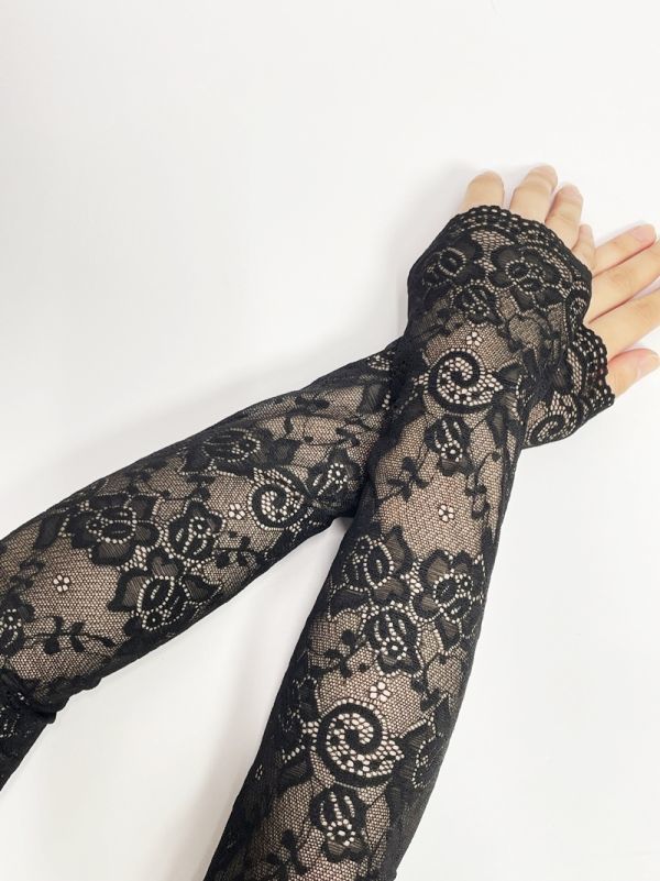 アームカバー レース UVカット ブラック 黒 紫外線対策 日よけ 日焼け 自転車 散歩 レディース 女性 ファッション 腕 カバー拍卖