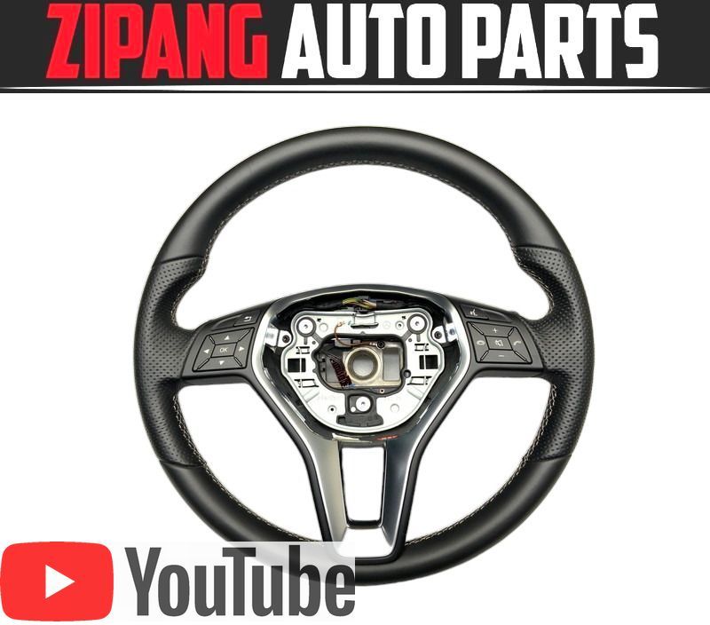 MB069 W176 A180 ベーシックP 本革 ステアリング ハンドル パドル/スイッチ 付 ◆黒革×白ステッチ 【動画有り】○拍卖