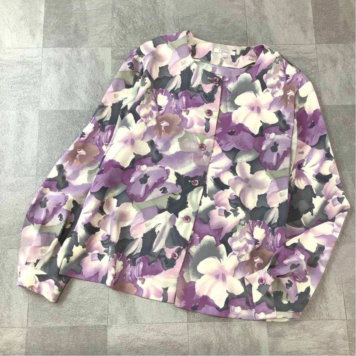 【抜群なデザイン】Addenda 総柄 花柄 ノーカラー ブラウス レディース フリーサイズ ライトパープル ホワイト拍卖