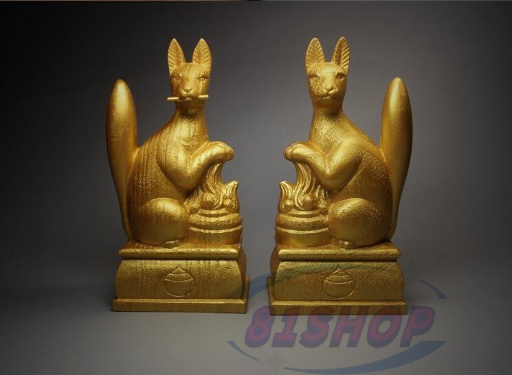 「81SHOP」 美品★伏見稲荷神 守護狐 辻二天 大黒天家 福の使者 黄金ペア拍卖