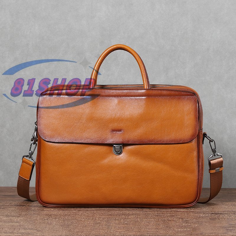 「81SHOP」特売! 本革 牛革 レザー ハンドメイド メンズ 斜めがけ 2way ヌメ 革手作り ショルダーバッグ 15.6インチPC対応 ビジネスバッグ拍卖
