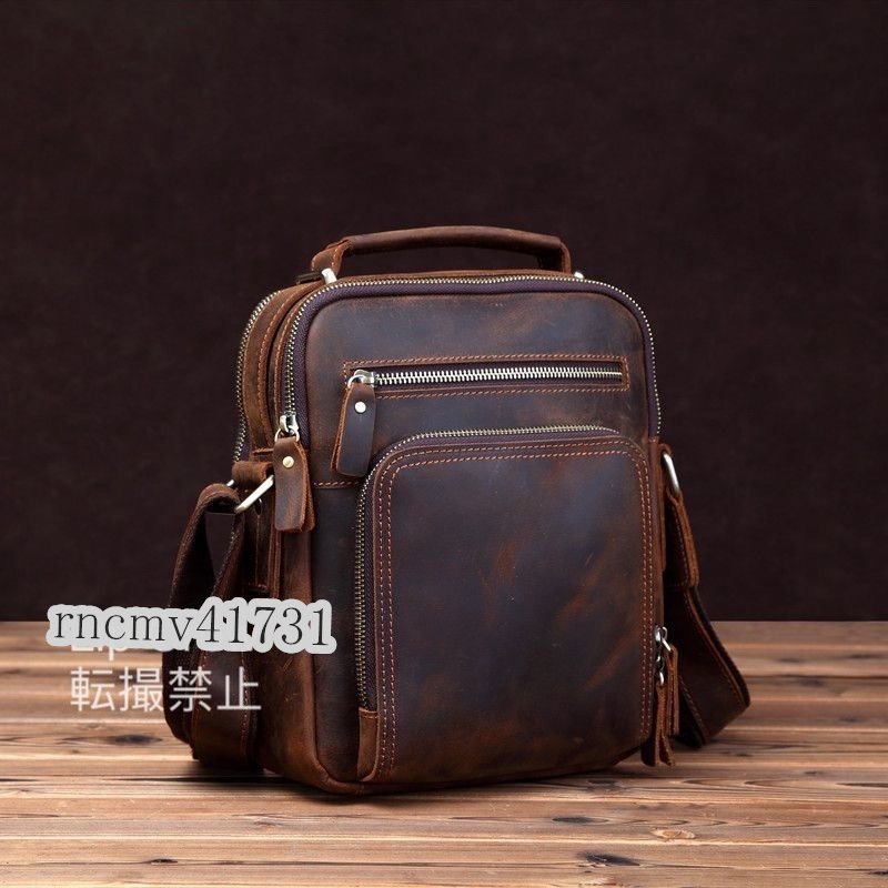 「81SHOP」 新作メンズバッグ 本革 縦型 クレイジーホースレザー 牛革100% 男性 ビジネスバッグ レトロ 斜めがけ ショルダーバッグ拍卖