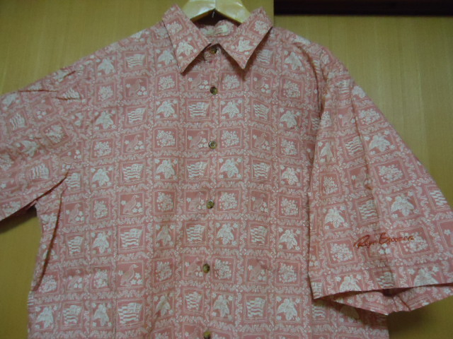 即決 ハワイ reyn spooner レインスプーナー アロハシャツ ピンク・薄茶色 ラハイナ柄 M38 ロゴ刺繍あり拍卖
