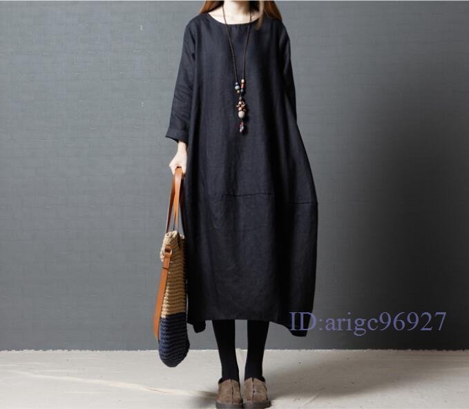 S265☆新品ナチュラル コットンリネン 長袖ロングワンピース 綿麻ゆったり レディース大きいサイズチュニックワンピース 黒M~XXL選択拍卖