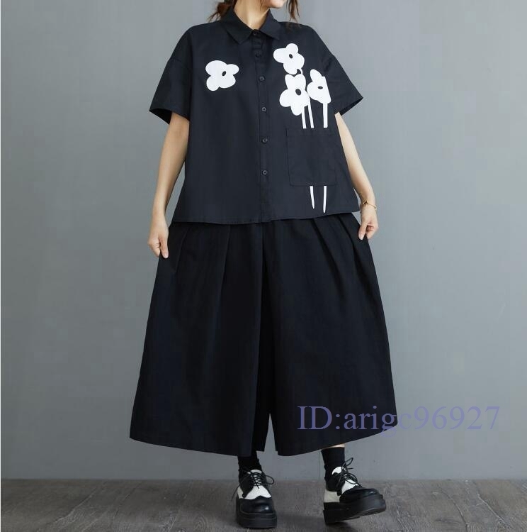 M886★新品春夏**レディース*カジュアル*ゆったり大きいサイズ体型カバー*花柄半袖シャツブラウス*F 黒拍卖