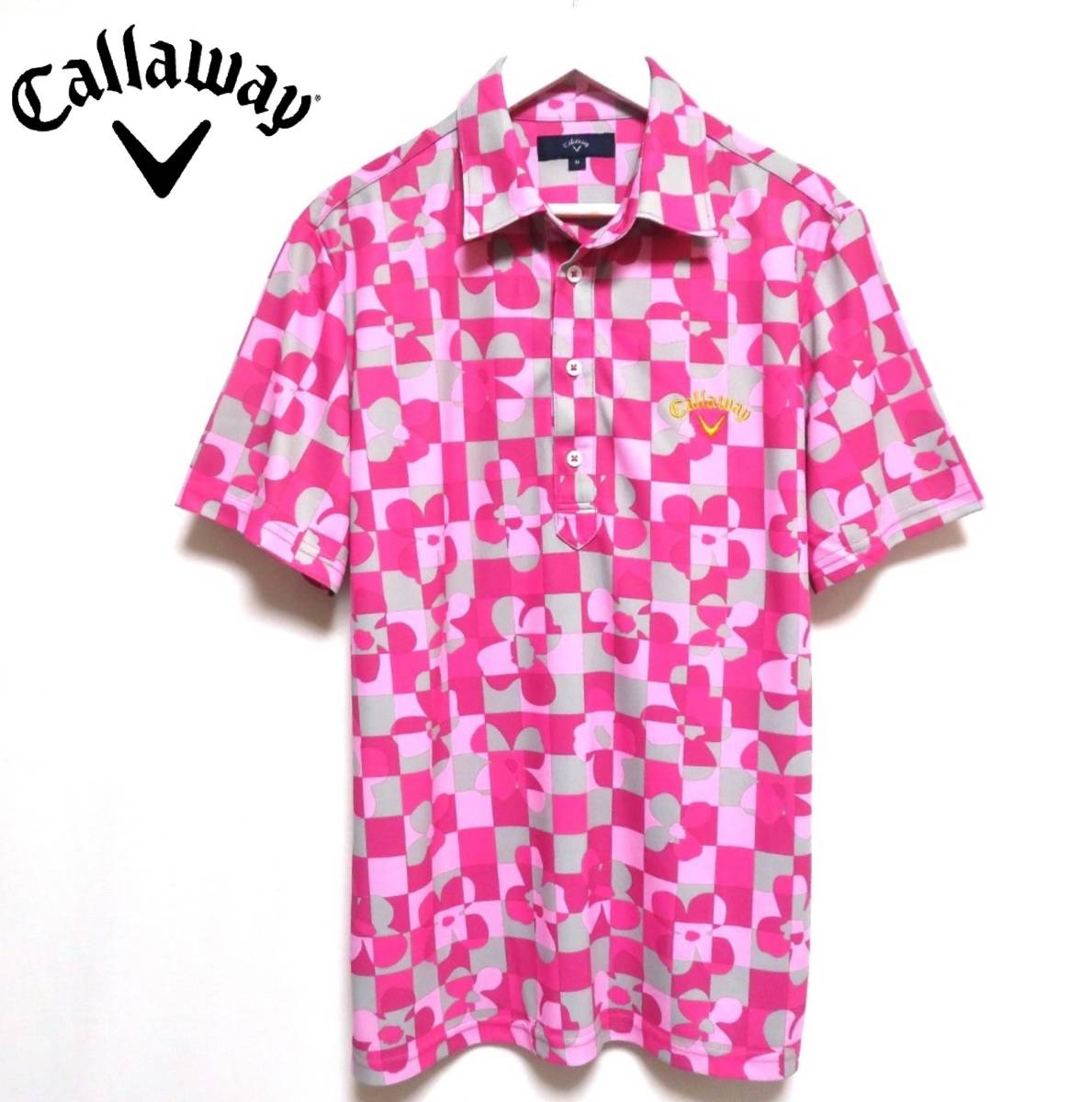 未使用に近い極美品 Callaway キャロウェイ ドライポロシャツ 派手デザイン◆花柄 お洒落な総柄 半袖トップス メンズ ゴルフウエア 夏物拍卖