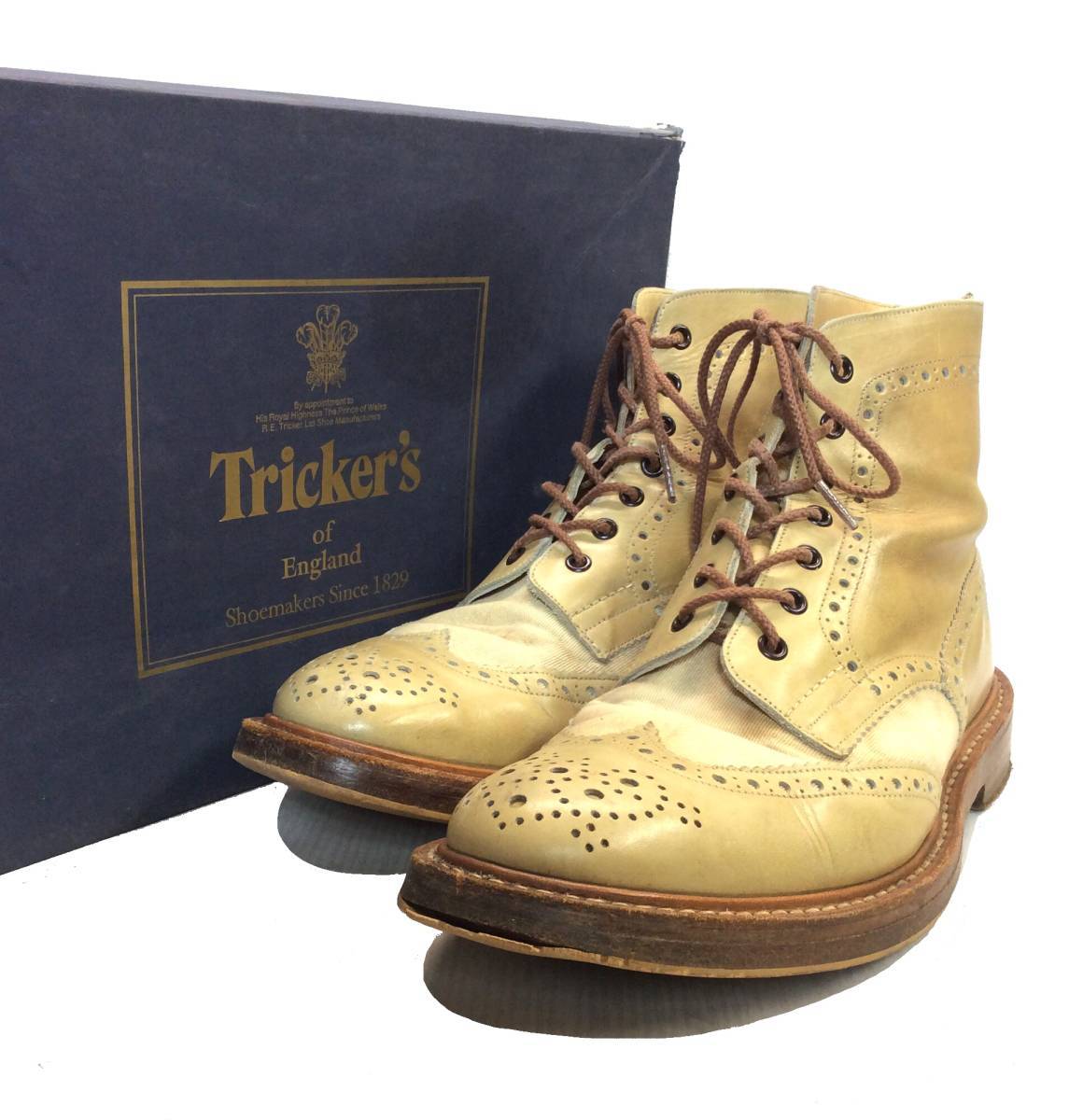 Tricker’s トリッカーズ ツートーン ブローグブーツ カントリーブーツ M2508 レースアップ ベージュ系 レザー×キャンバス メンズ 81/2拍卖