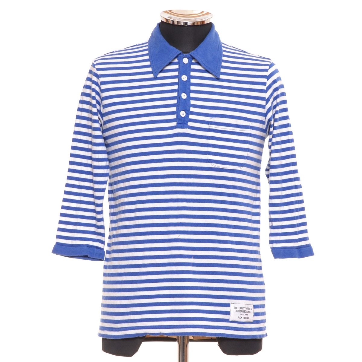 〇471409 WACKO MARIA ワコマリア ○ポロシャツ 7分袖 GUILTY PARTIES バックプリント サイズM メンズ 日本製 ブルー ホワイト ボーダー拍卖