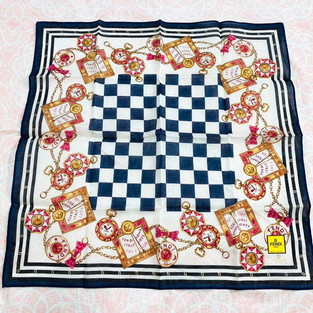 【レア】新品/FENDI/大判ハンカチ/正規品/フェンディ/未使用/即決あり/ズッカ柄/匿名発送/スカーフ/綿100%/レディース/チャーム柄/時計拍卖