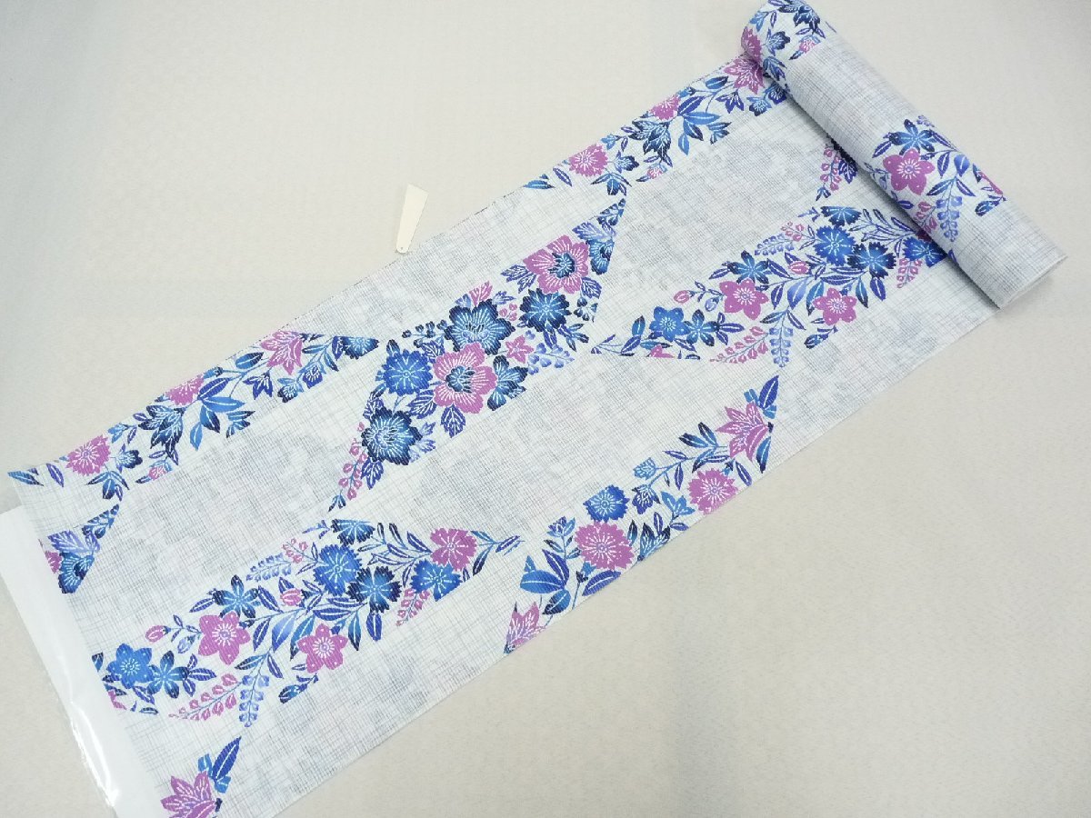 まゆの四季/新品/日本製/浜松染め/手捺染/型染め/シルクスクリーン/反物/綿絽/五本絽23-4雨格子に秋草-白地に紺と紫拍卖