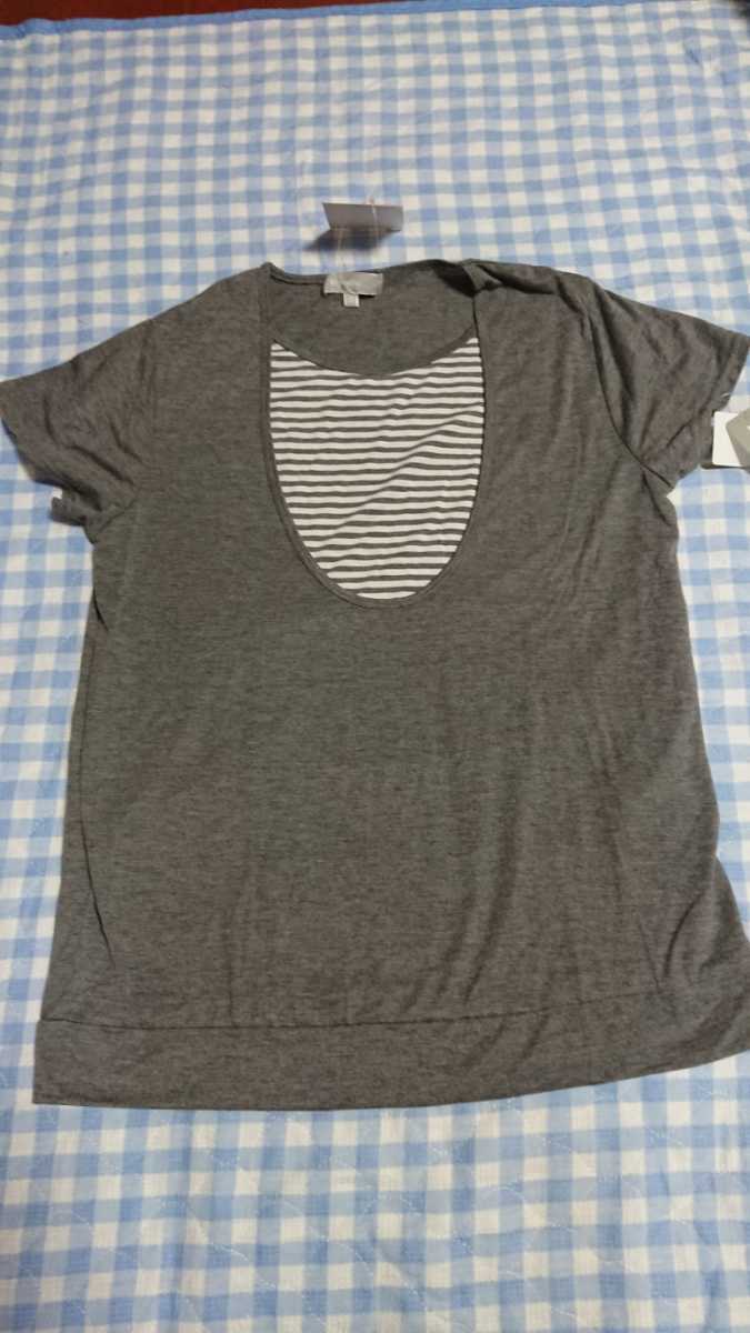 〇♪410☆未使用・保管品☆授乳服☆重ね着風半袖Tシャツ 灰BD×М拍卖