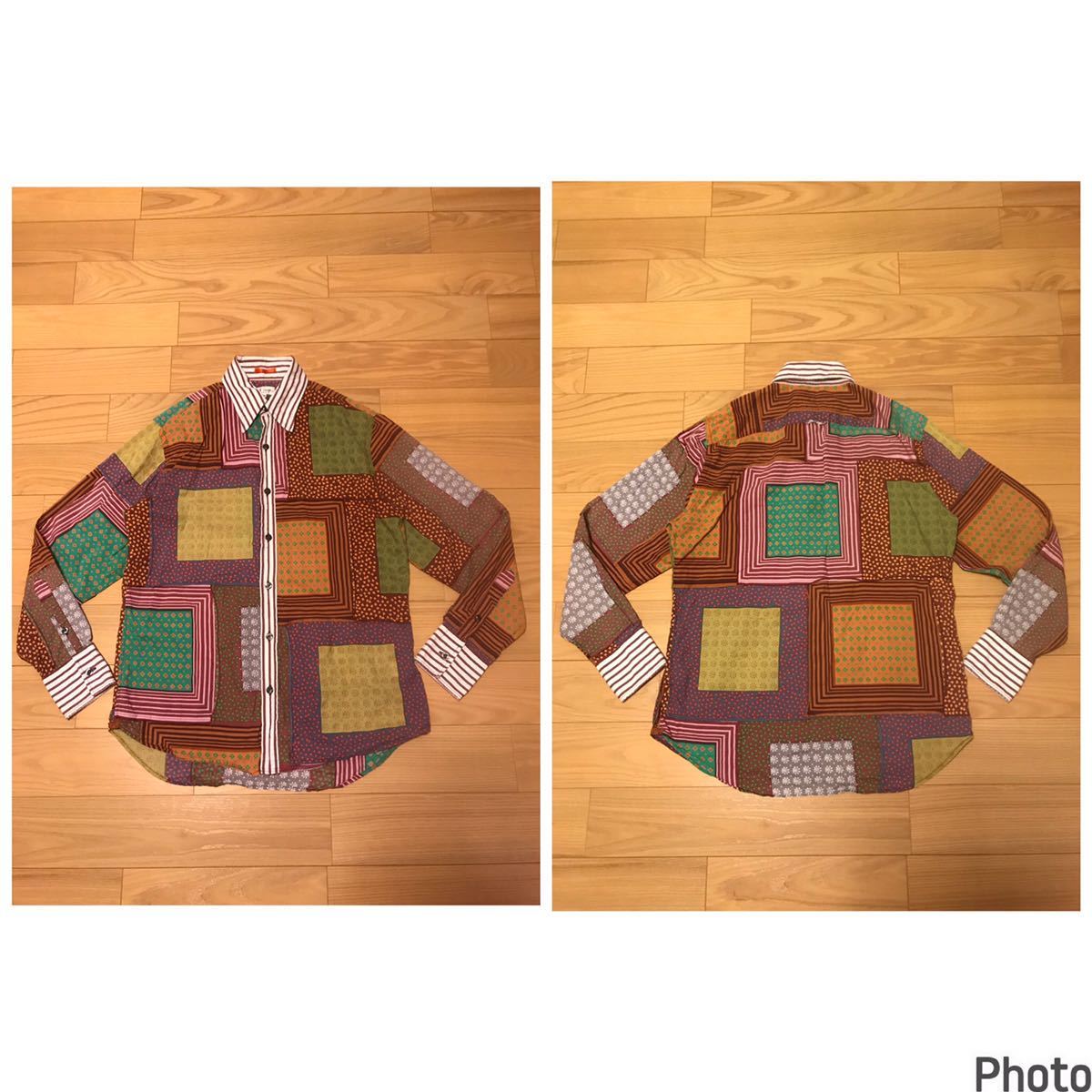 良品☆Paul Smith/ポールスミス LONDON M 薄手.長袖シャツ・希少.激パッチワーク 再構築風デザイン生地アート! ユーロ調模様&ストライプ柄拍卖