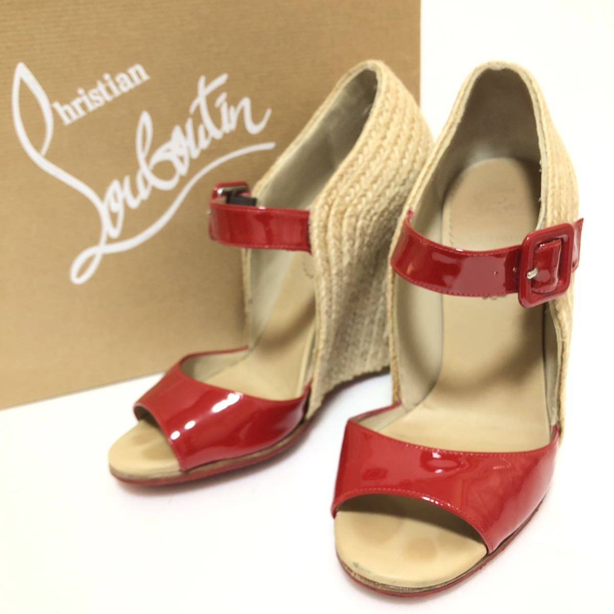 Christian Louboutin クリスチャンルブタン サンダル ハイヒール エナメル ウェッジソール 赤/ベージュ 35拍卖
