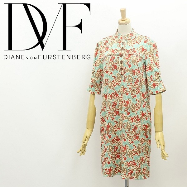 ◆DIANE von FURSTENBERG ダイアンフォン ファステンバーグ シルクジャージー 総柄 ハーフボタン ワンピース 0拍卖