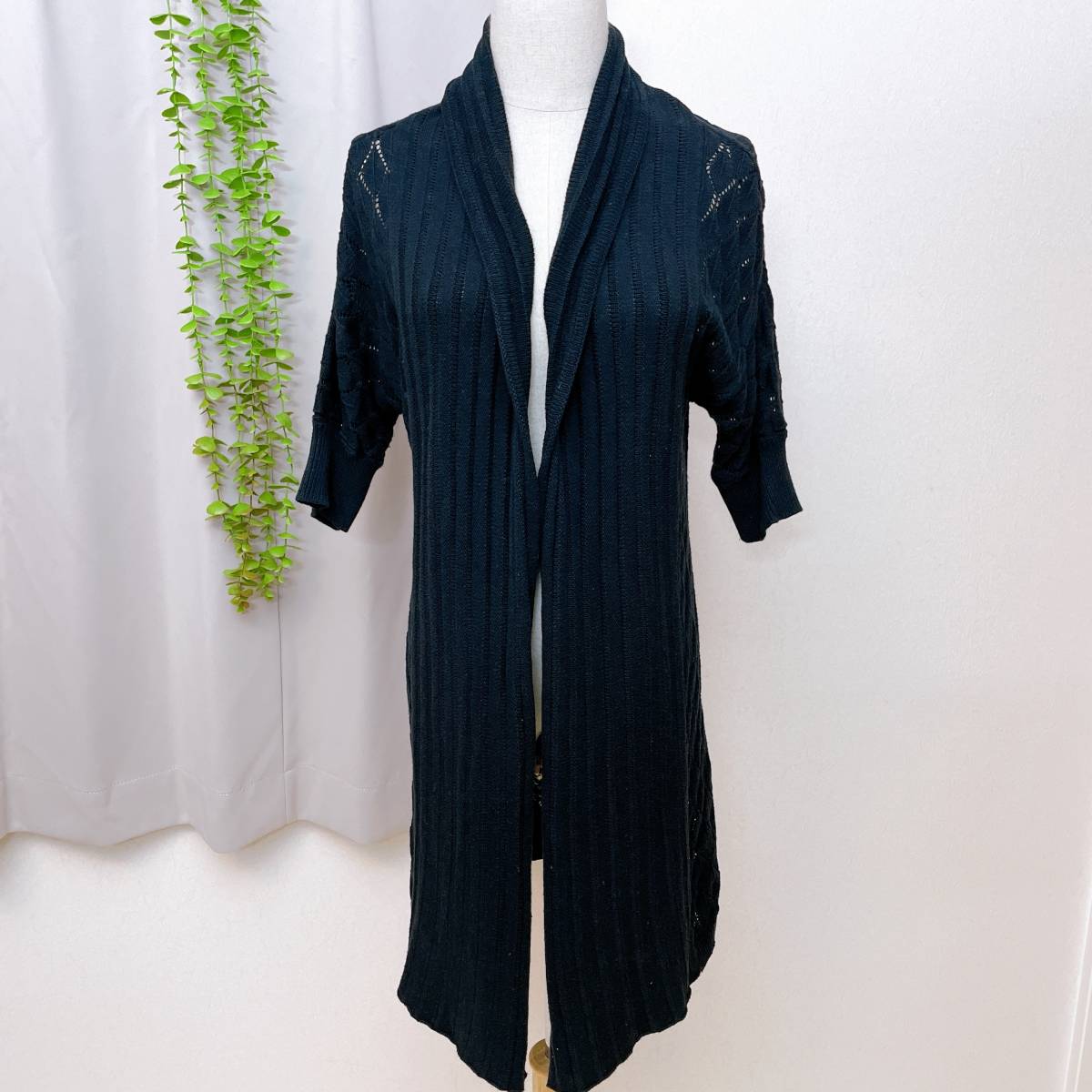 YH0082 美品 LOVE BY DESIGN レディース カーディガン ロング シンプル M 黒 モノトーン 綿100% 万能 シック オールシーズン 拍卖