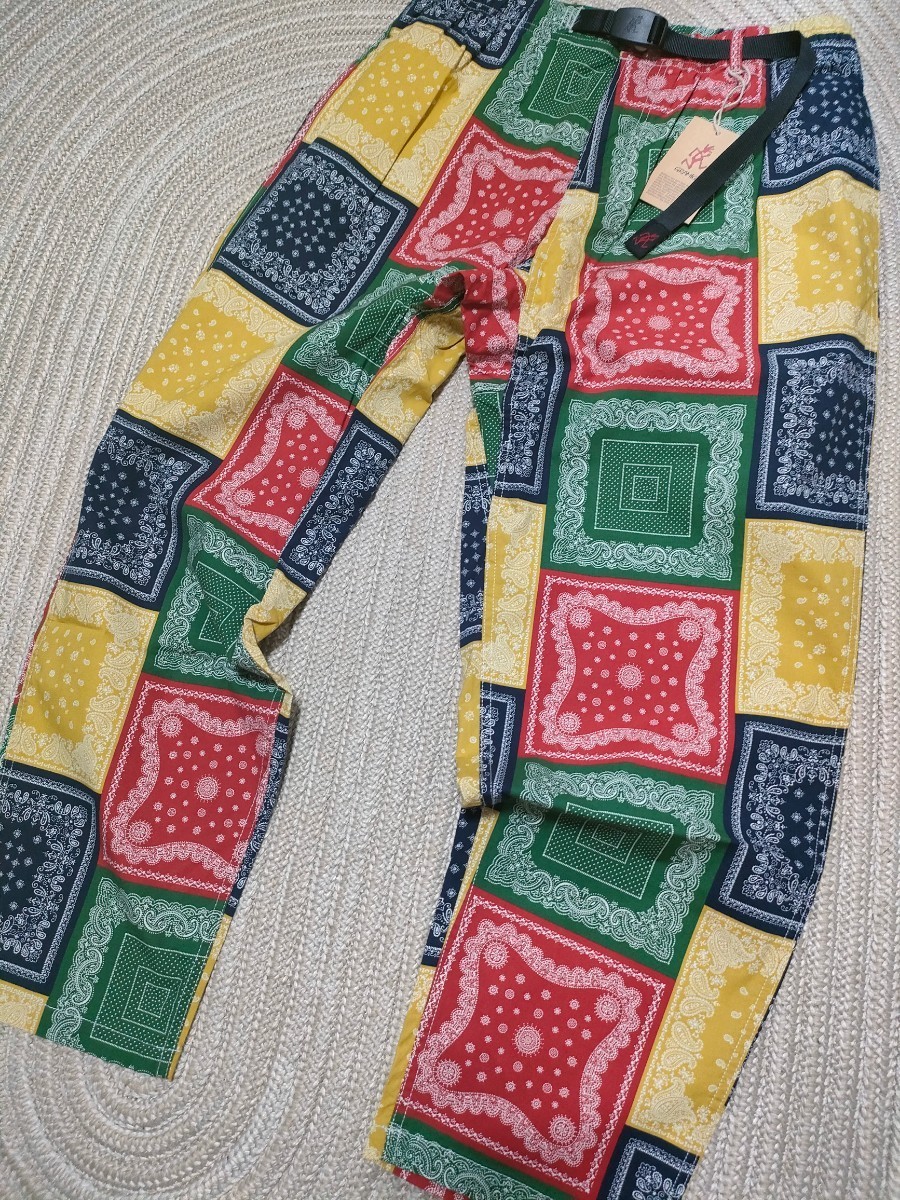 新品 GRAMICCI グラミチ ワイドテーパード ロングパンツ L ストレッチ ペイズリー柄 クレイジーカラー 緑 紺 黄色 赤 メンズ バンダナ拍卖