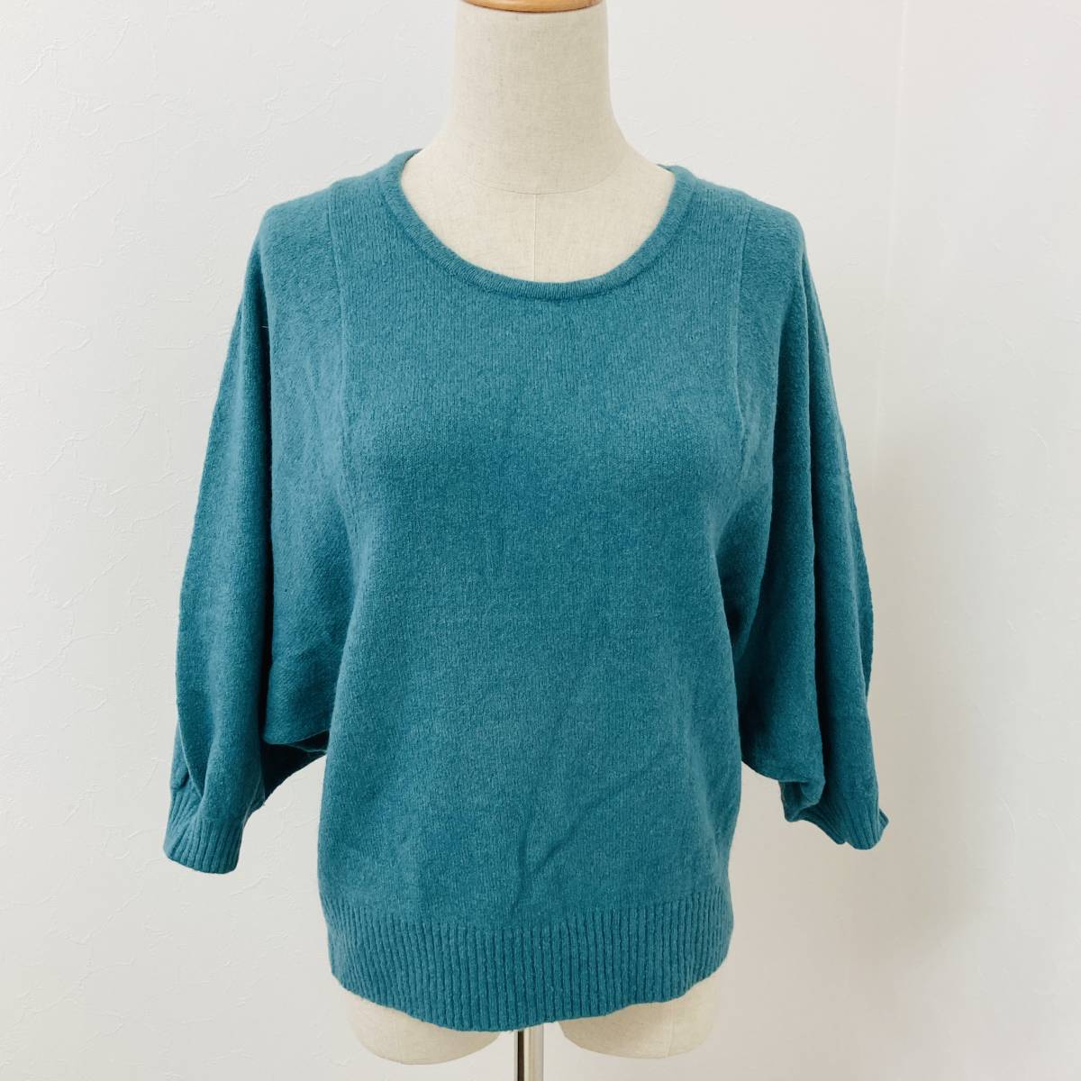 a00525 美品 stola. ストラ ニット セーター 七部丈 丸首 薄手 袖裾リブ ゆったり グリーン レディース ウールアンゴラ混 カジュアル 上質拍卖