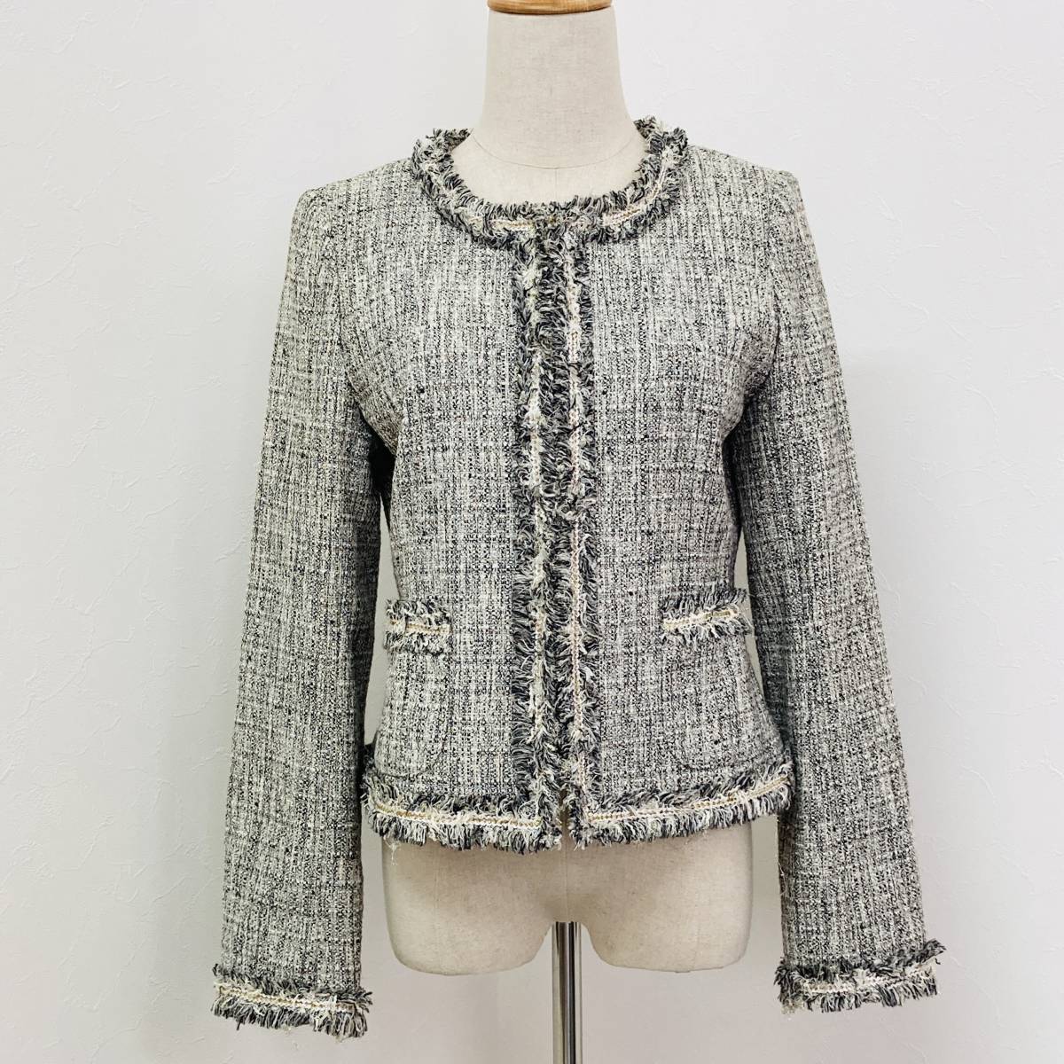 a00701 美品 GALLORIA ギャローリア レディース ジャケット 長袖 かわいい グレー チェック柄 コットン混 華やか エレガントガーリーチック拍卖