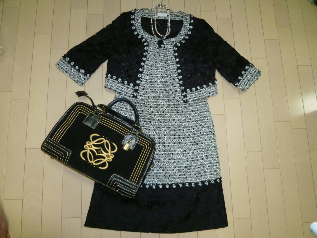 ★フランコフェラーロ★花モチーフレースアンサンブル ボレロ&ワンピース ブラック×ホワイト 美品 2拍卖