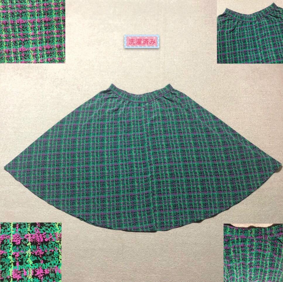 USED 古着 緑×黄緑×紫×黒 チェック フレアースカート フレアスカート 昭和レトロ レトロ古着 W78cm スカート XLくらい ※洗濯済み拍卖