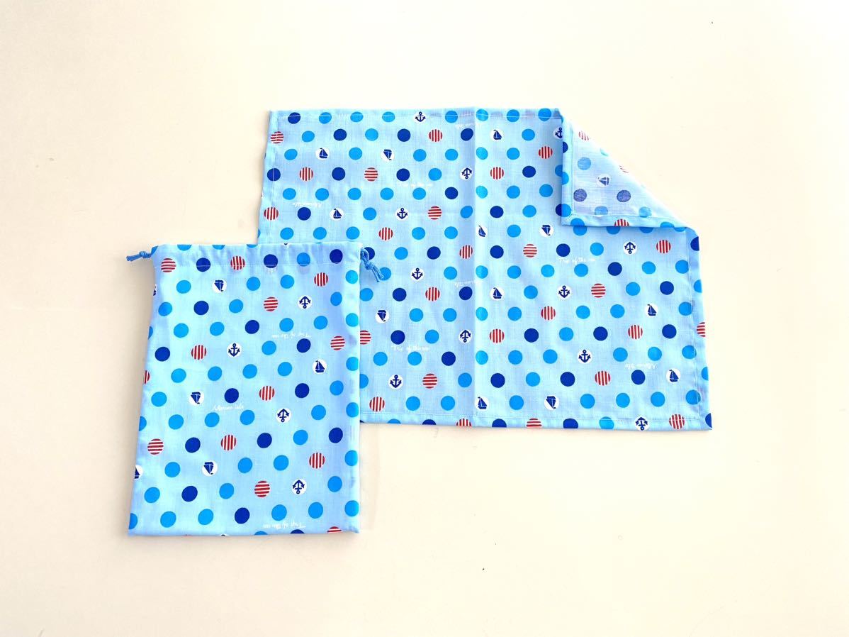 ハンドメイド★給食袋とランチョンマットのセット ランチョンマット ランチマット 給食袋 巾着袋 マリン柄(1306)拍卖